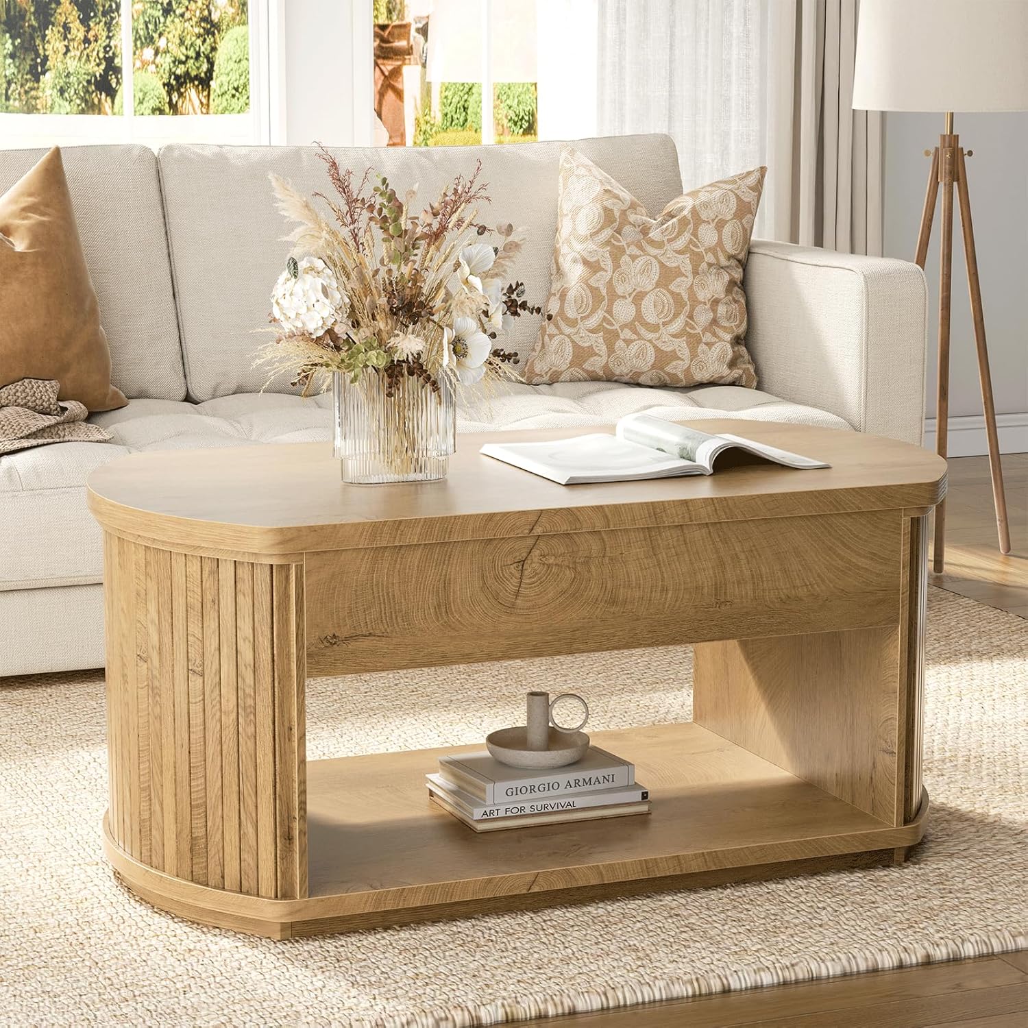 FABATO Oval Lift Top Coffee Table with Storage, Mid Century Modern Coffee Table for Living Room, 2 Tier Center Table with Lift-Top, 41.7" Fluted Wood Table for Reception Room, Home Office, Wood
