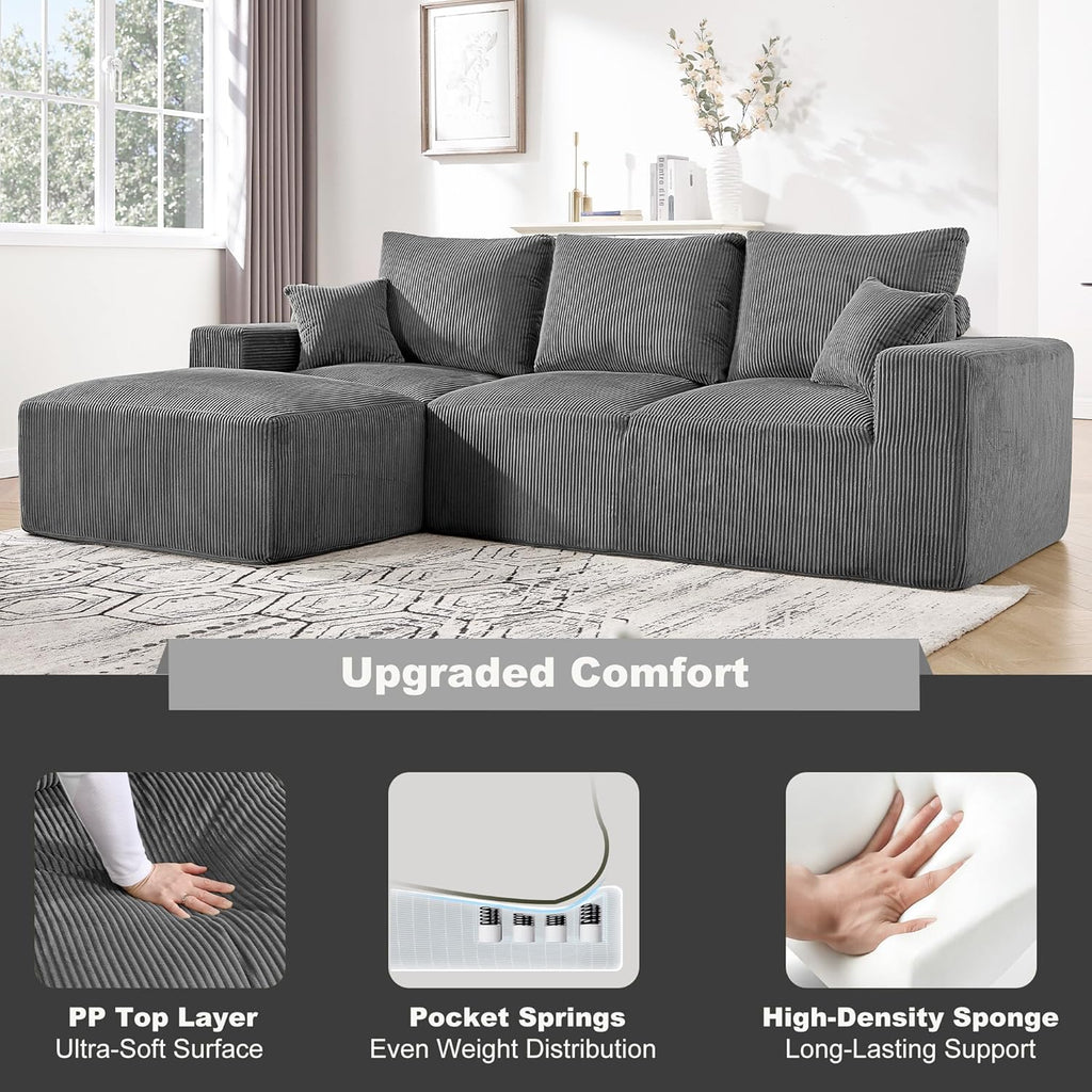 108" Modular Sectional Sofa, Compression Sofa with Deep Seat, Modular L-Shape Couch with Chaise, Upholstered Couches for Living Room Bedroom, No Assembly Required (Grey Corduroy, 108" L Shape)