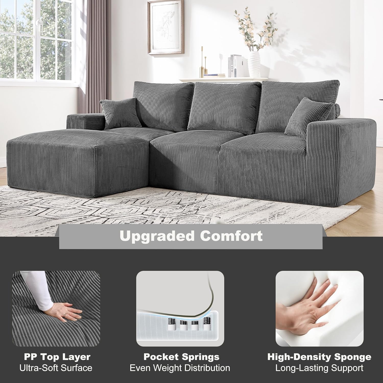 108" Modular Sectional Sofa, Compression Sofa with Deep Seat, Modular L-Shape Couch with Chaise, Upholstered Couches for Living Room Bedroom, No Assembly Required (Grey Corduroy, 108" L Shape)