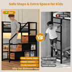 ADORNEVE Low Bunk Bed Twin Over Twin with Storage Staircase, Drawers & Shelves, RGB LED Lights Metal Floor Bunk with Power Outlet, Full-Length Guardrail & Metal Slats, for Small Space, Kids, Black