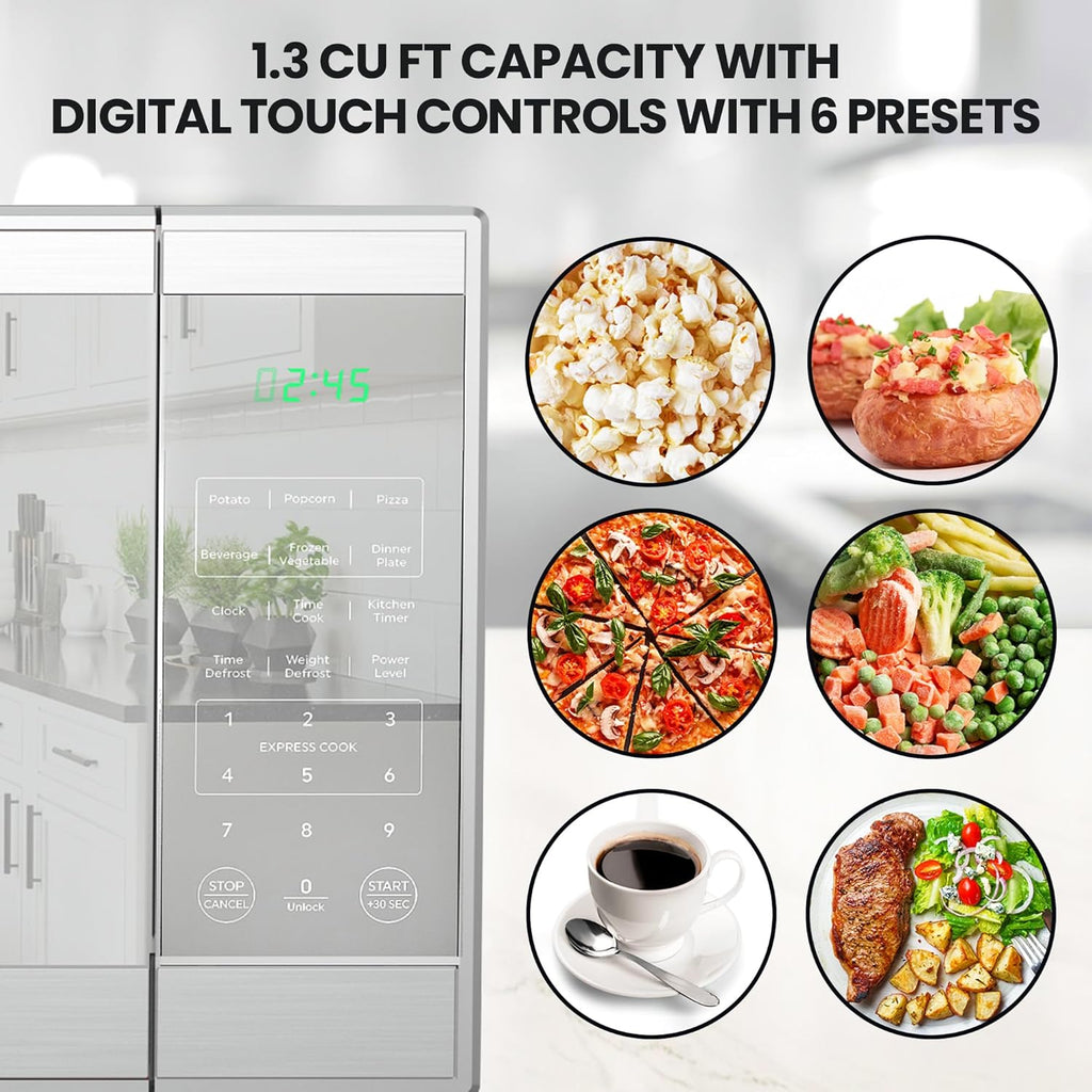 Total Chef 1.3 Cu Ft Microwave Oven – Compact Countertop Kitchen Appliance, Small Stainless Steel Microwave with Digital Touch, Pre-Set Functions, 12.8” Turntable, 1100 Watt