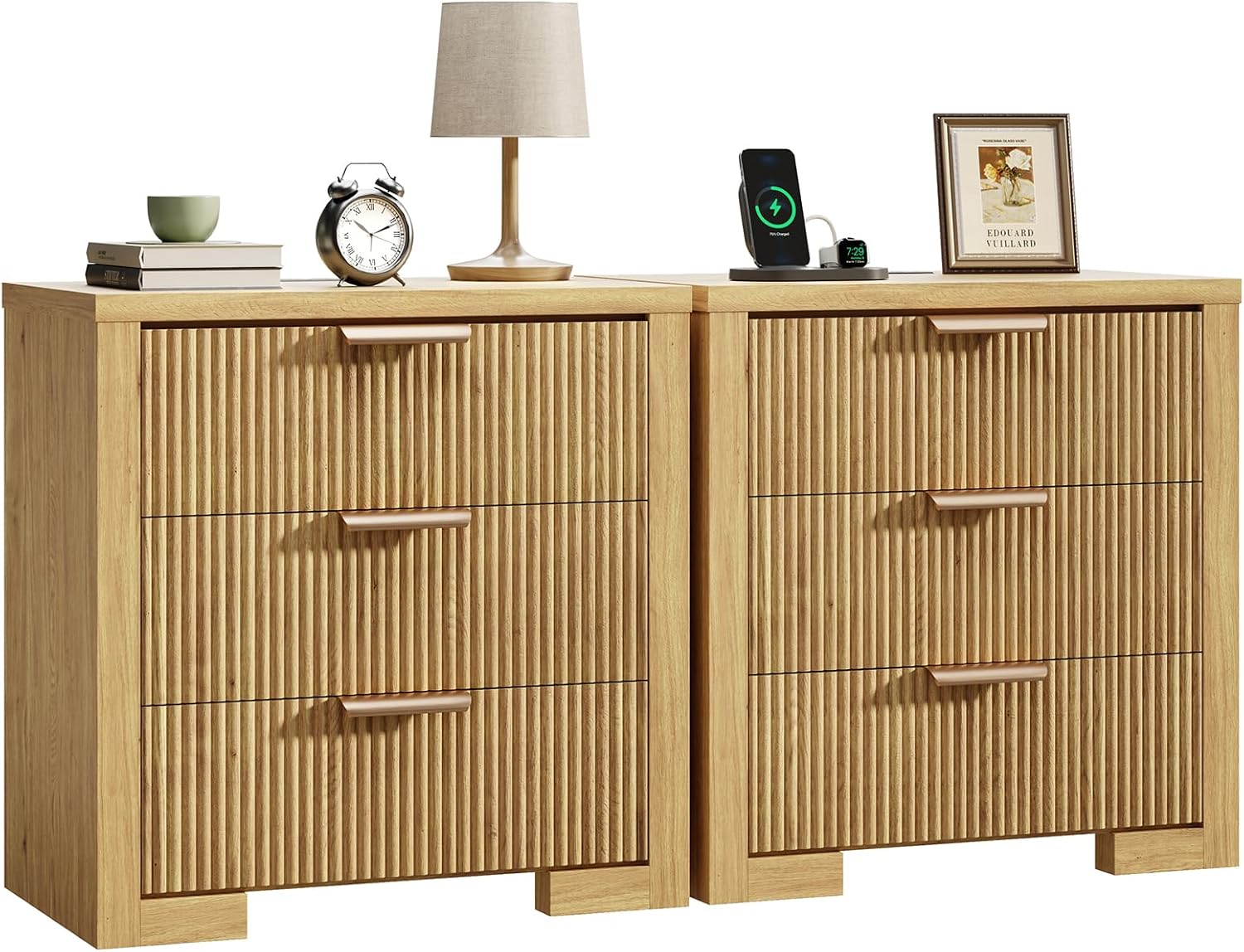 Fluted Nightstand Set of 2 with Charging Station, 23.6" Night Stand with 3 Drawers,End Table with Storage, Bed Side Table for Bedroom,Modern Nightstand for Living Room, Natural Oak