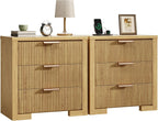 Fluted Nightstand Set of 2 with Charging Station, 23.6" Night Stand with 3 Drawers,End Table with Storage, Bed Side Table for Bedroom,Modern Nightstand for Living Room, Natural Oak