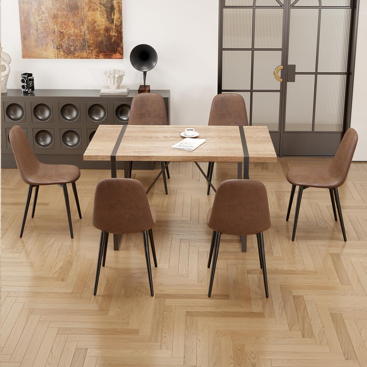 7 Piece Dining Table Set for 6,Modern 55'' Rectangle Wood Dining Table and Fabric Dining Chairs 6,Kitchen Table and Chairs for 6,Ideal for Kitchen Dining Room