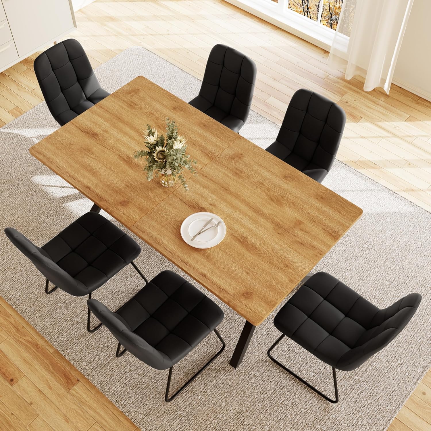 7-Piece Dining Table Set for 6 People, 63" MDF Kitchen Table with 6 Upholstered Chairs, Metal Legs for Dining Room, Kitchen(Oak Table+6 U-Shaped Black Chairs)