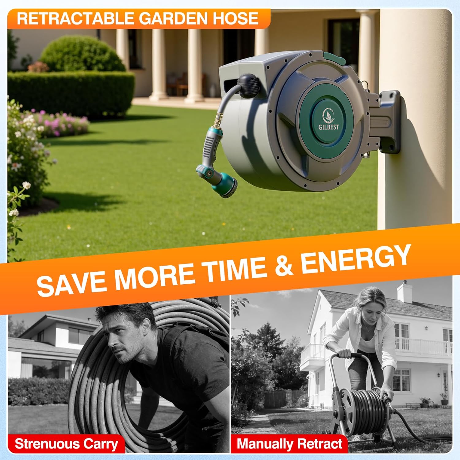 100 ft x 5/8" Retractable Garden Hose Reel  Heavy Duty Water Hose Reel Wall Mounted  Any Length Lock  180°Swivel  Water Hose with 10-Function Nozzle for Cleaning  Watering (Green)