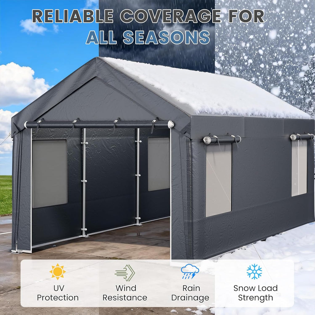 EROMMY Carport, 10x20 Ft Heavy Duty Carport with Roll-up Windows，Portable Garage with Removable Sidewalls, Car Canopy with All-Season Tarp and Sandbags for Truck, Tractor, Boat, Grey