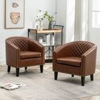 KINWELL 29" W Faux Leather Barrel Chairs Set of 2, Modern PU Upholstered Tufted Club Chairs with Nailhead Trim, Small Armchairs Accent Chairs for Living Room Bedroom Apartment Lounge Nursery, Brown