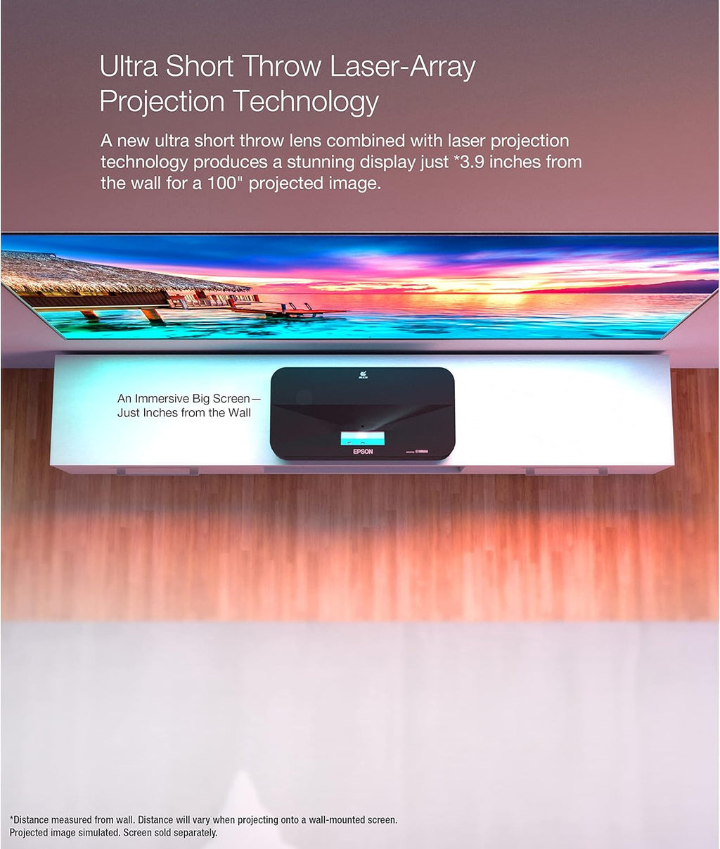 Epson EpiqVision Ultra LS800 Ultra Short Throw 3-Chip 3LCD Smart Streaming Laser Projector  4 000 Lumens  4K PRO-UHD  HDR  150" Class  Android TV  2.1ch Yamaha Built-in Speakers - Black (Renewed)