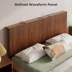 Evermagin Walnut Queen Floating Bed Frame with Headboard, Mid Century Modern Fluted Platform Bed with LED Lights, Heavy Duty Floating Bedframe with Charging Station, No Box Spring Needed