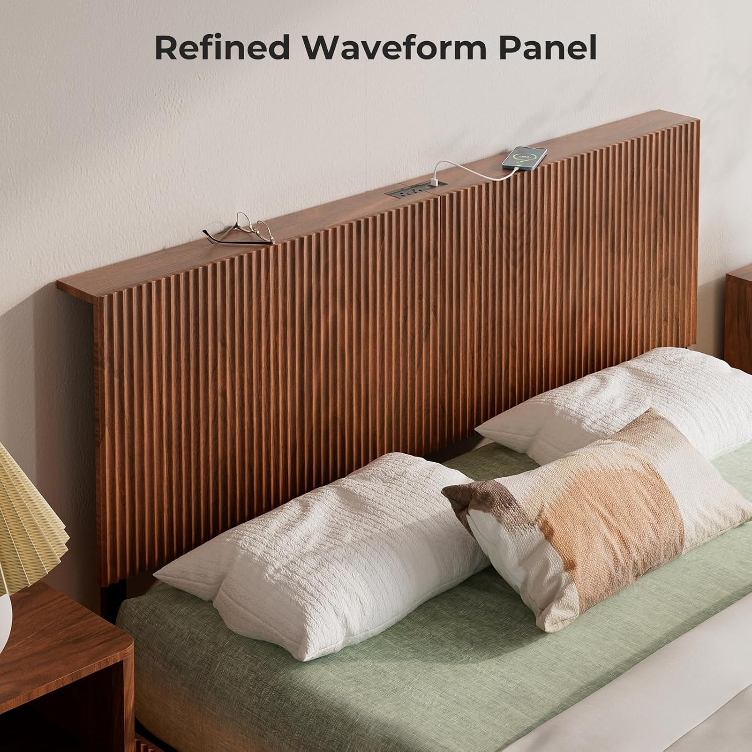Evermagin Walnut Queen Floating Bed Frame with Headboard, Mid Century Modern Fluted Platform Bed with LED Lights, Heavy Duty Floating Bedframe with Charging Station, No Box Spring Needed