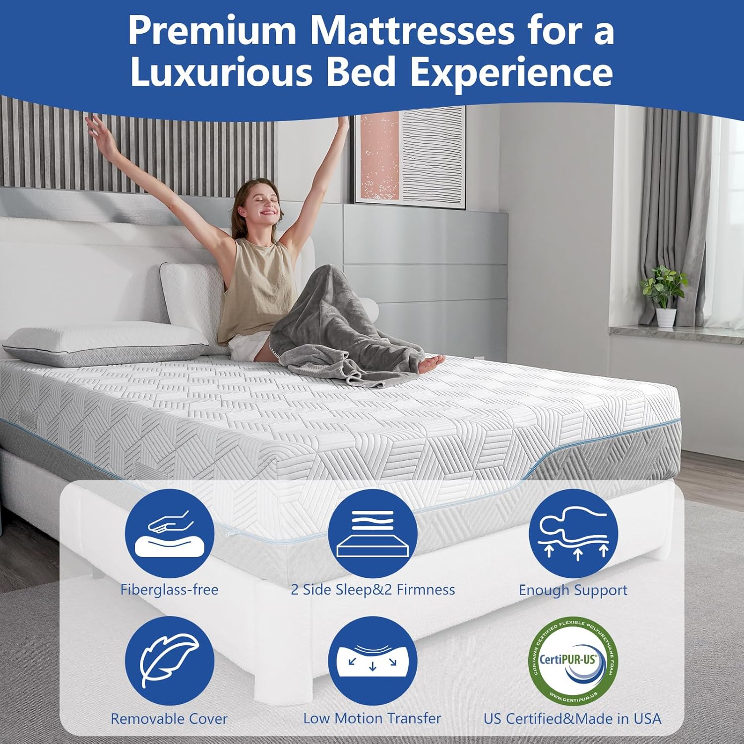Extra Firm Mattress Queen 12 Inch, Green Tea/Gel Memory Foam Mattress with Fiberglass-Free Cover,Two Side White Medium Firm/Extra Firm High-Density-Mattress for Back Pain,CertiPUR-US,in USA, 80"x 60"