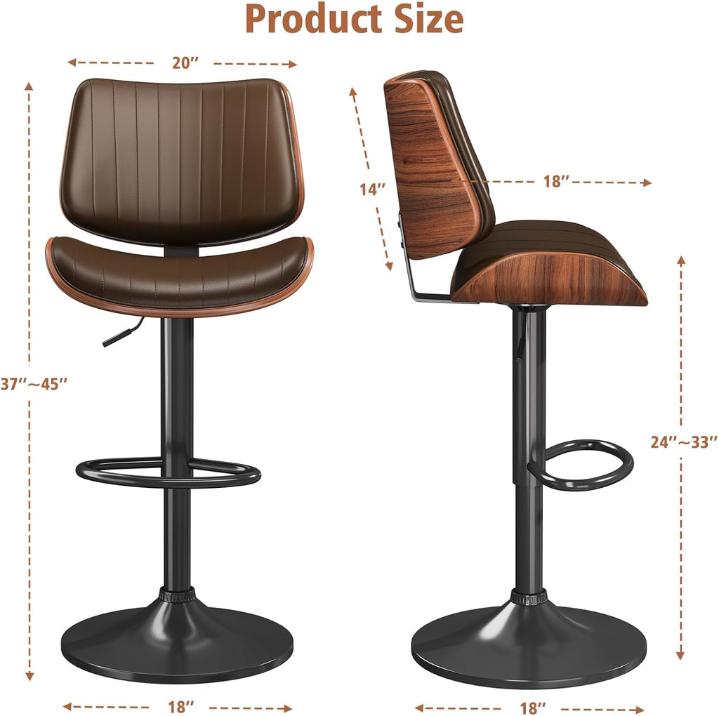 Swivel Bar Stools Set of 3, Bar Stools for Kitchen Island with Bentwood Back and Leather Seat, Counter Height Barstools for Kitchen Counter, Bar, Brown