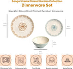 Sango 12-Piece Speckled Stoneware Dinnerware Set for 4- Glossy Plates and Bowls Set with Hand-Painted Floral Pattern, Rustic Ceramic Dish Set, Elegant Dishes for Everyday Dining, Siterra Glazed Garden