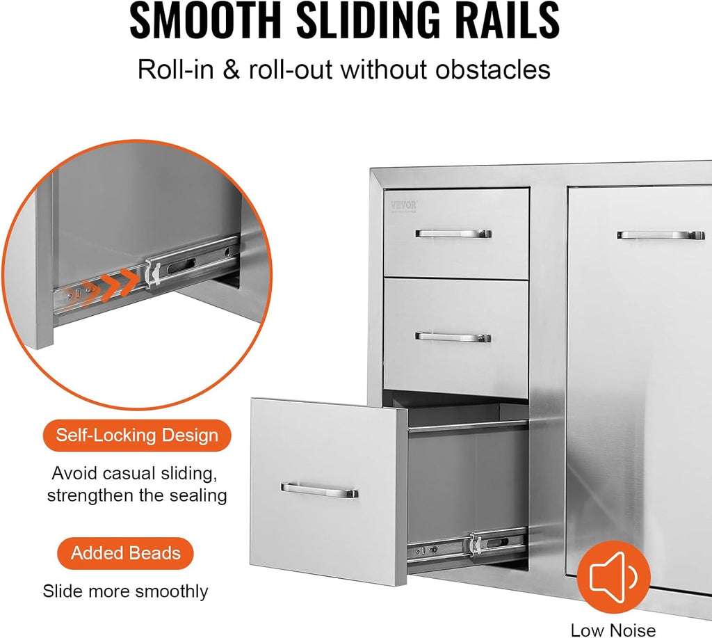 VEVOR Stainless Steel Cabinet  Outdoor Kitchen Door Drawer Combo 29.5" W x 22.6" H x 21.7" D  Access Door/Triple Drawers  Propane Drawer  Adjustable Garbage Ring  BBQ Island Patio Grill Station