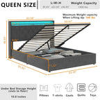 Loomie Queen Lift Up Bed Frame with Charging Station & LED Lights, Upholstered Bed with Button Tufted Wingback Storage Headboard, Hydraulic Storage, No Box Spring Needed, Wood Slats Support,Dark Grey