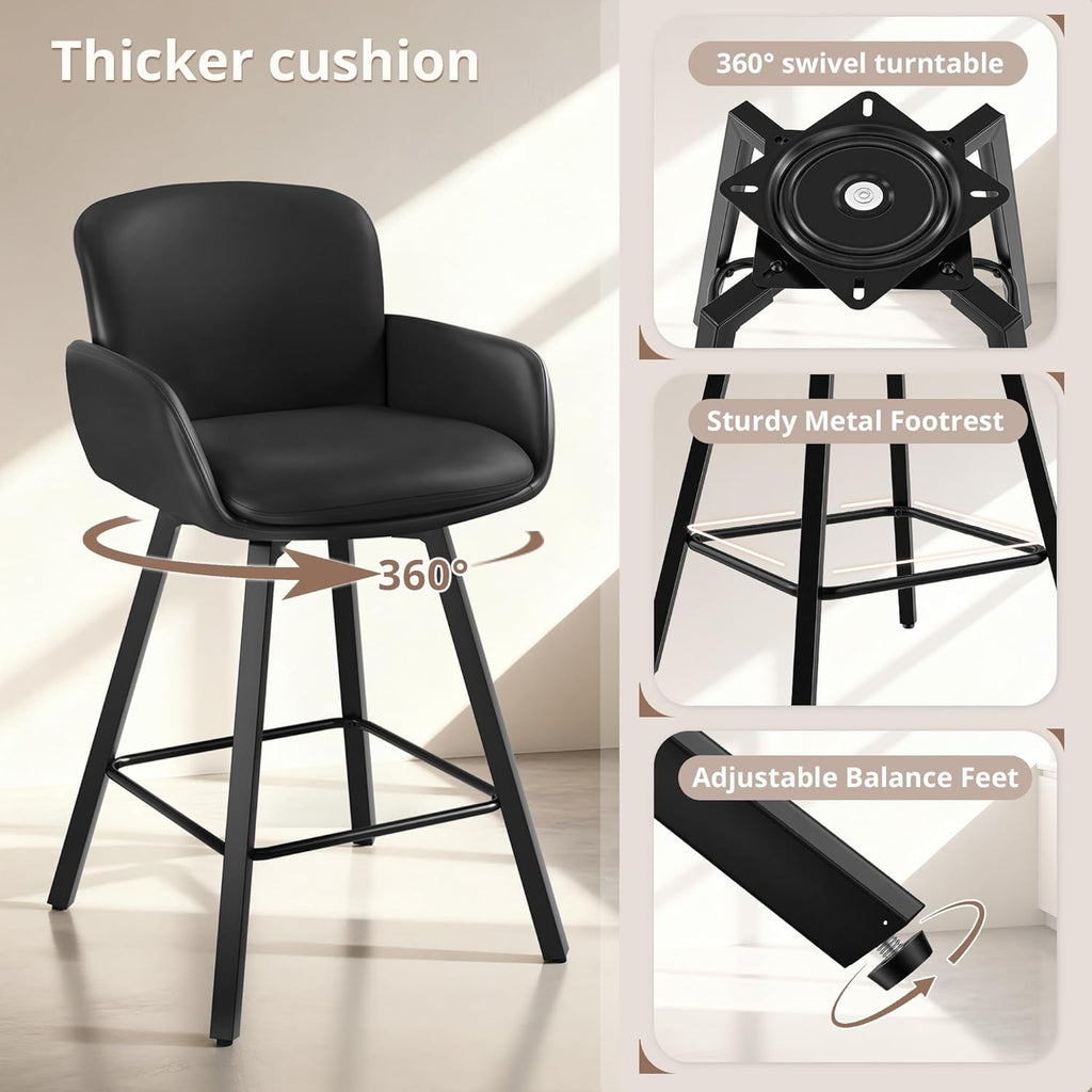 LUE BONA 26" Swivel Bar Stools Set of 3, Counter Height Bar Stools with Backrest and Arms, Modern Upholstered Barstools with Metal Legs for Kitchen Island, Black