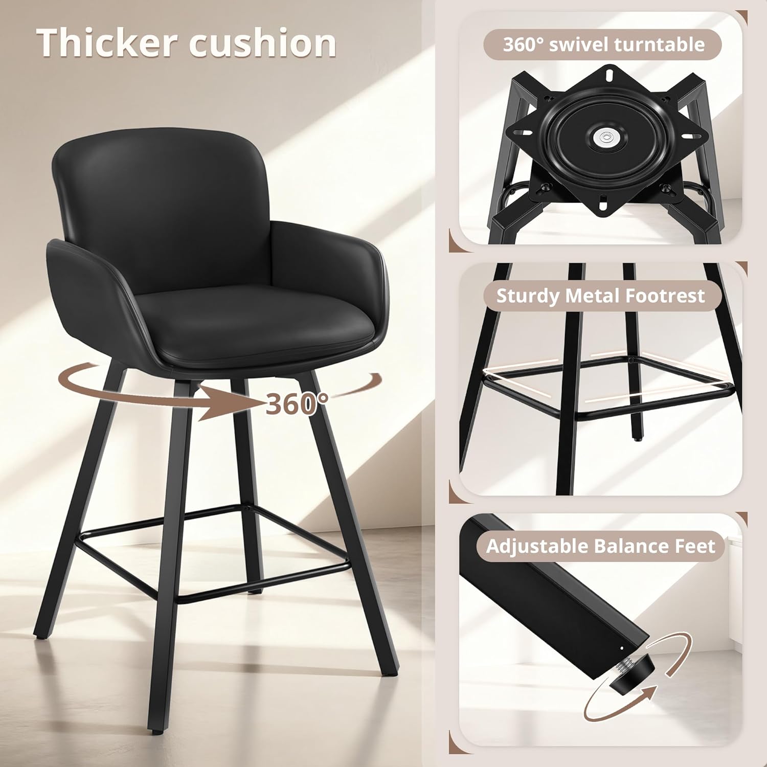 LUE BONA 26" Swivel Bar Stools Set of 3, Counter Height Bar Stools with Backrest and Arms, Modern Upholstered Barstools with Metal Legs for Kitchen Island, Black