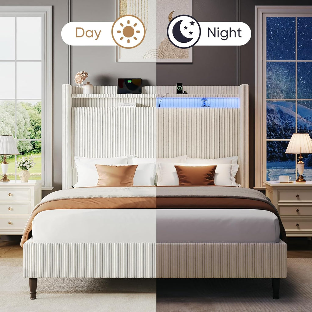Queen Bed Frame with Tall Headboard, 55.3" Upholstered Platform Queen Size Bed Frame, Elegant Corduroy Wingback Bed with LED Lights & Charging Station, No Box Spring Needed, Solid Wood Slats, Cream