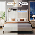 Queen Bed Frame with Tall Headboard, 55.3" Upholstered Platform Queen Size Bed Frame, Elegant Corduroy Wingback Bed with LED Lights & Charging Station, No Box Spring Needed, Solid Wood Slats, Cream