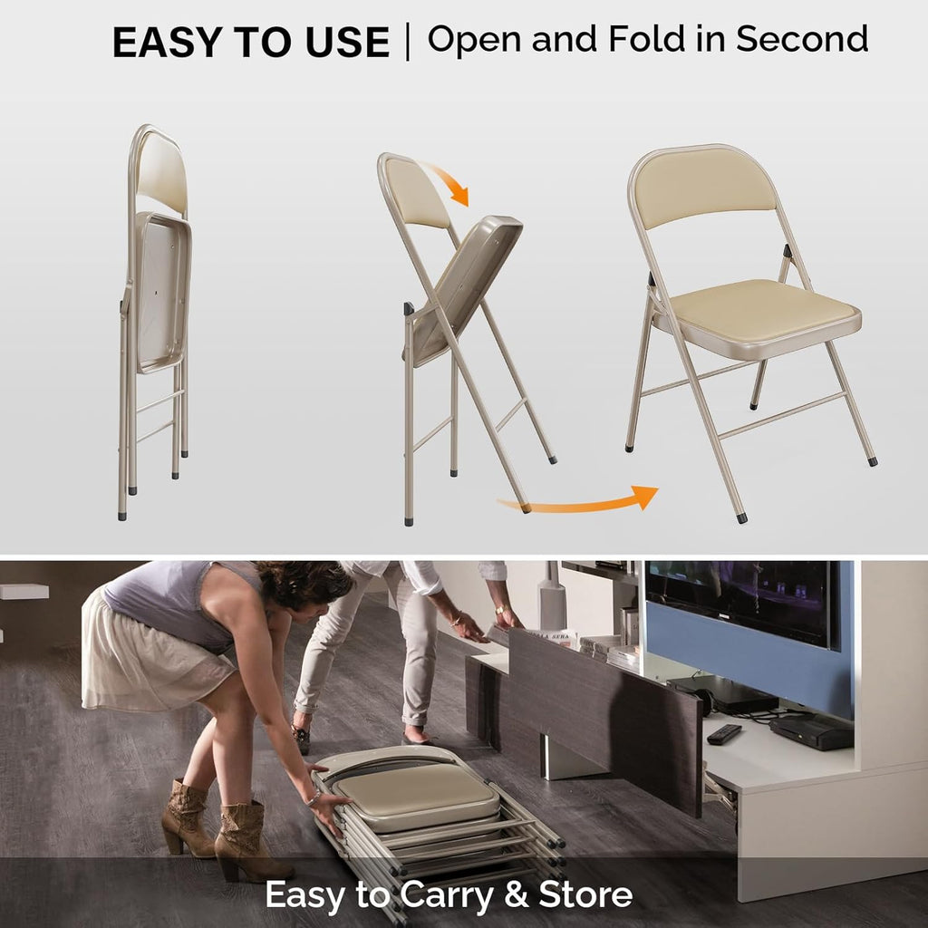VINGLI 6 Pack Folding Chairs with Padded Seats, Metal Frame with Pu Leather Seat & Back, Capacity 350 lbs, Set of 6, Khaki