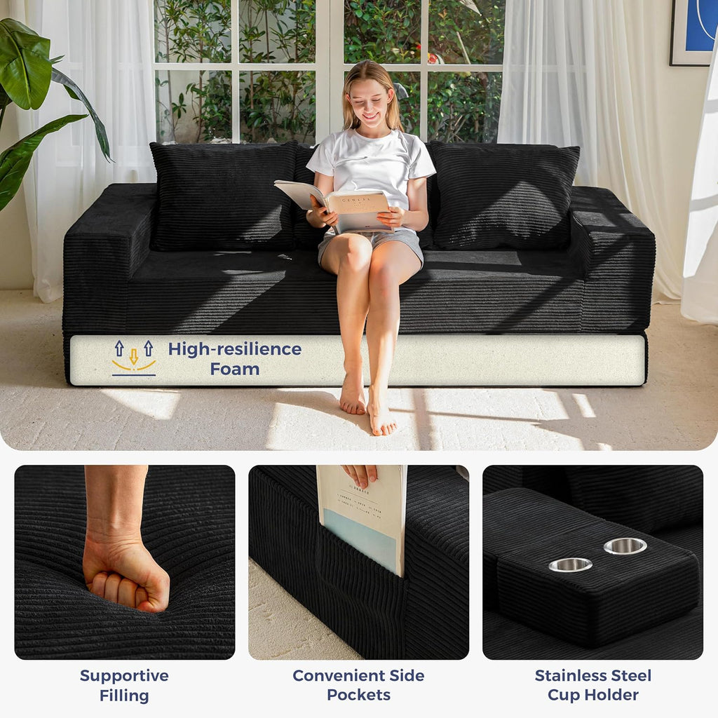MAXYOYO Convertible Sofa Bed, 80" Oversized Boneless Loveseat Couch 4 in 1 Foldable Floor Sofa Couch in A Box with 2 Cup Holders, Folding Sleeper Chair for Living Room, No Assembly Required, Black