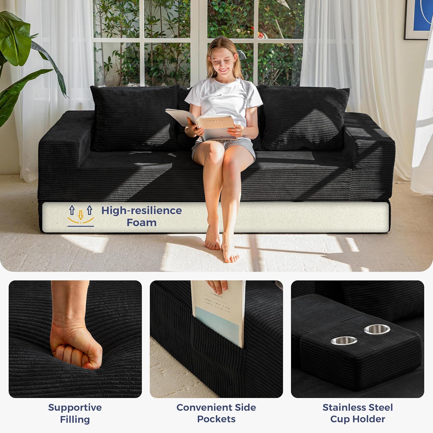 MAXYOYO Convertible Sofa Bed, 80" Oversized Boneless Loveseat Couch 4 in 1 Foldable Floor Sofa Couch in A Box with 2 Cup Holders, Folding Sleeper Chair for Living Room, No Assembly Required, Black