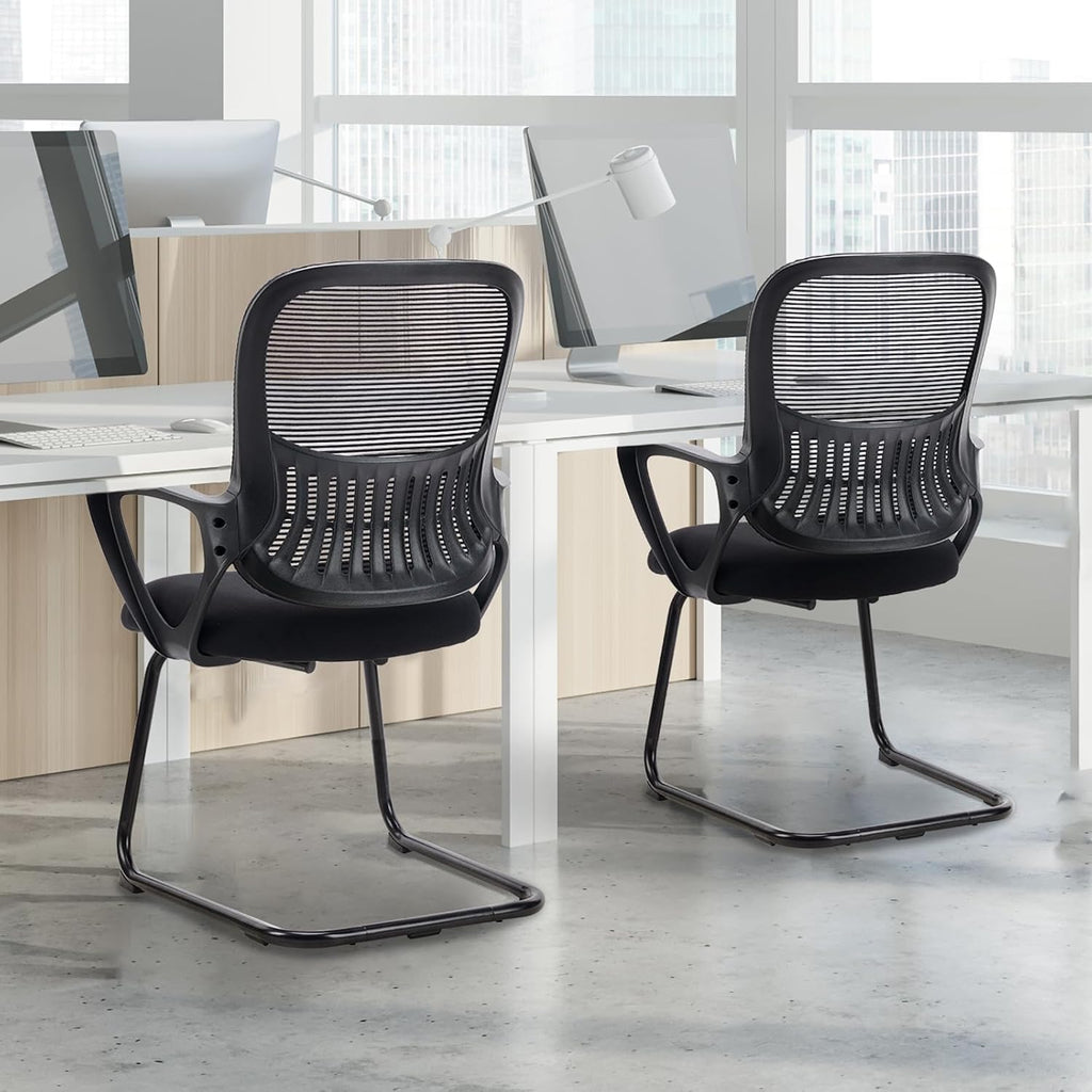 Sweetcrispy Reception Chair No Wheels, Stationary Non Rolling Mesh Mid Back Computer Guest Side with Lumbar Support for Waiting Area Reception Conference Room, Set of 2, Modern Black