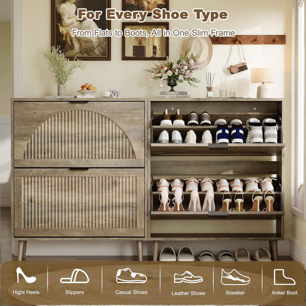 Shoe Storage Cabinet with 2 Flip Drawers, Narrow Wood Shoe Organizer Cabinet with Fluted Panel, Slim Shoe Rack for Entryway, Freestanding Shoe Cabinet for Living Room, Hallway, Grey