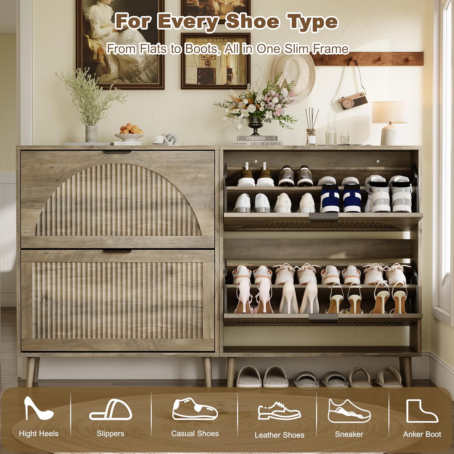Shoe Storage Cabinet with 2 Flip Drawers, Narrow Wood Shoe Organizer Cabinet with Fluted Panel, Slim Shoe Rack for Entryway, Freestanding Shoe Cabinet for Living Room, Hallway, Grey