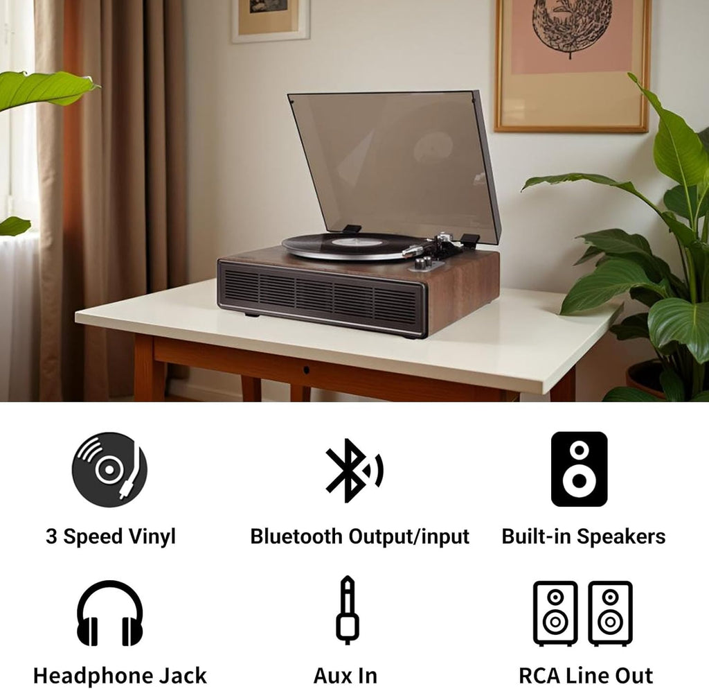 Vinyl Record Player with Bluetooth Input and Output  3 Speed Turntable Built in Speakers  RCA Output  AUX in  Earphone Jack  Retro Design for Home Audio