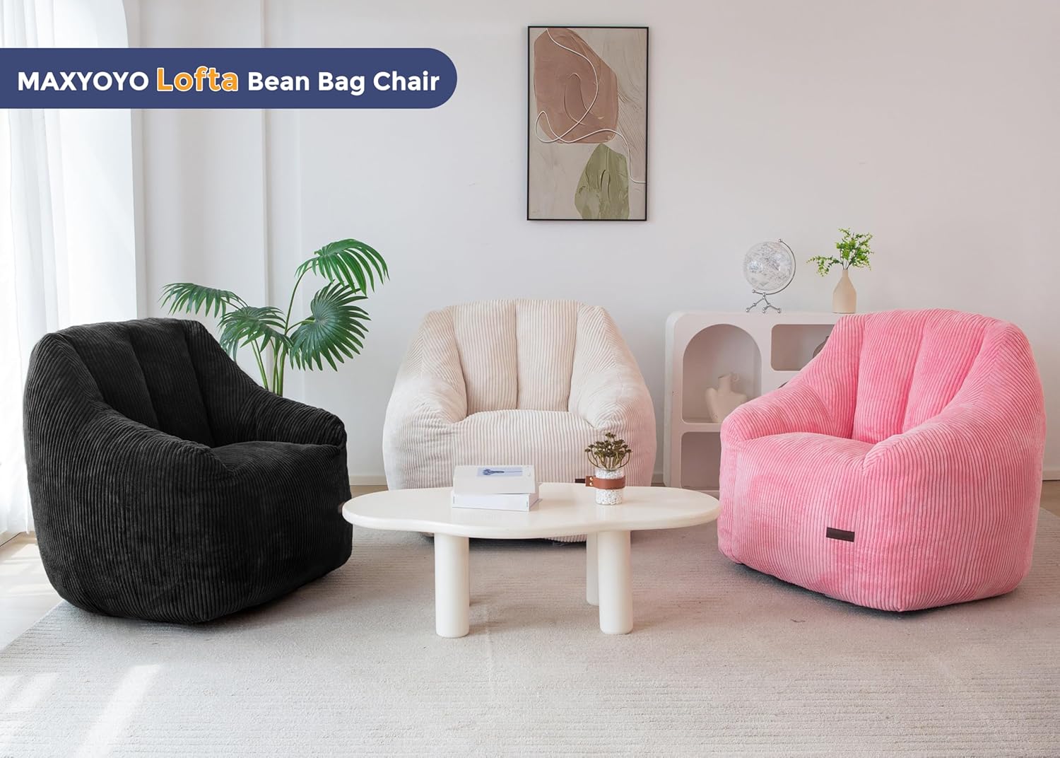 MAXYOYO Bean Bag Chair, Bean Bag Sofa with Filler, Cozy Living Room Chair for Adults and Kids, Stuffed Floor Sofa for Bedroom Dorm Reading, Black