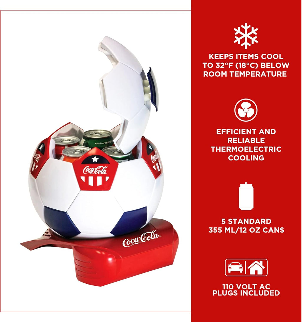 Coca-Cola Soccer Ball 5 Can Cooler, 12V DC/110V AC Cooler, for home, dorm, office, travel, camping, car, boat, truck, beverages, snacks, skincare, cosmetics, medication