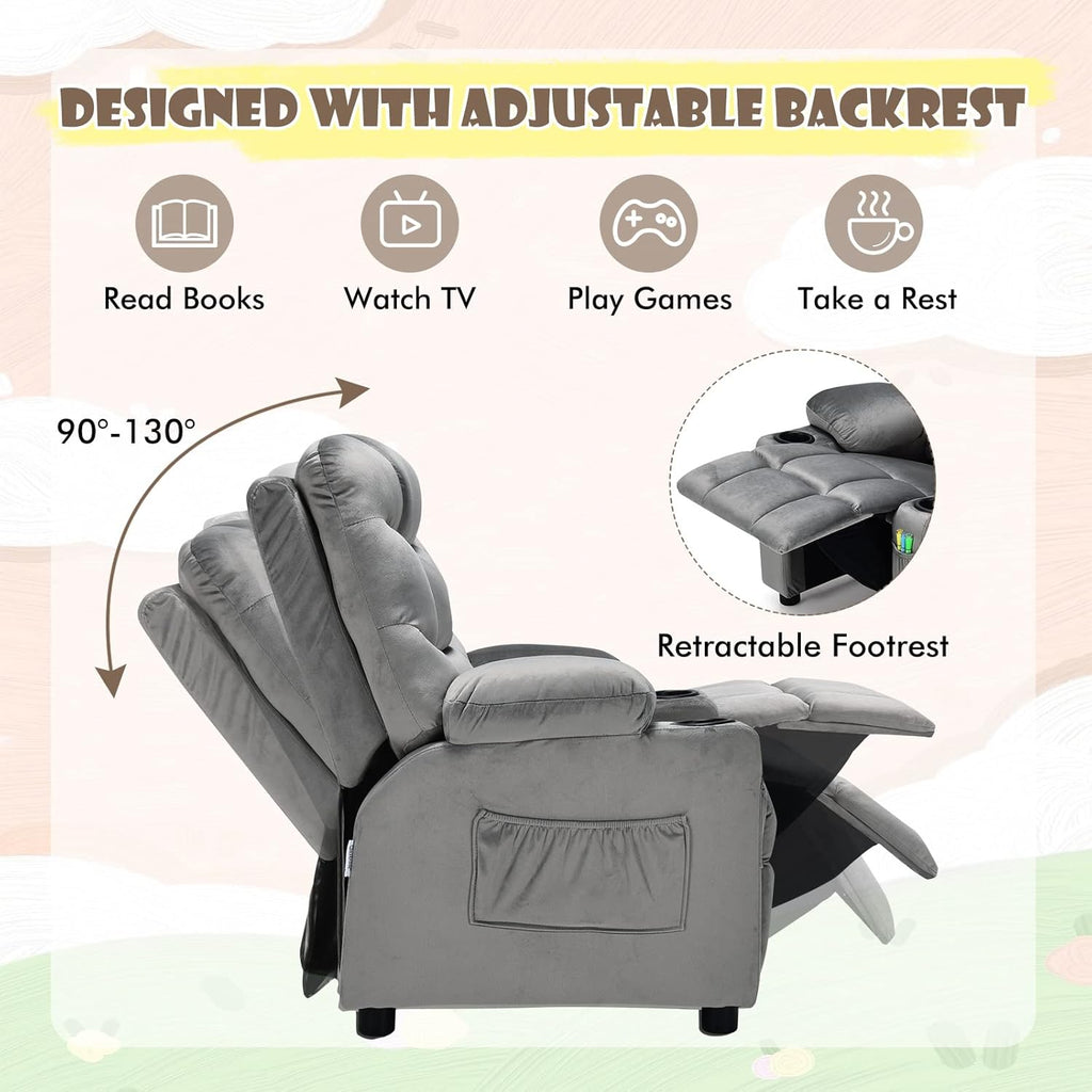 MAT EXPERT Kids Recliner, Velvet Adjustable Reading Chair w/ 2 Cup Holder, 3 Side Pocket Storage & Footrest, Kids Couch Gaming Chair, Toddler Lounge Chair for Boys Girls, Kids Room Playroom (Grey)