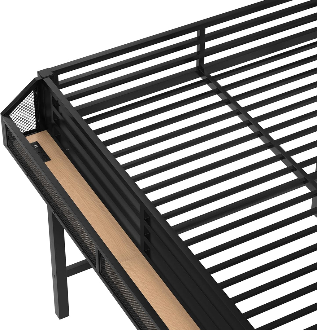 Bellemave Queen Loft Bed with Stairs and Built-in Wardrobe, Metal Loft Bed Frame with Storage Shelves, Heavy Duty Loft Beds with USB Ports and LED Lights for Adults, Boys, Girls, Teens, Natural Wood