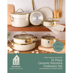 Bloomhouse - Two Time Oprah's Favorite Things Winner - 15 Piece Pots and Pans Heavy Duty Aluminum Premium PFA Free Ceramic Nonstick Cookware Set - Almond Cream w/Gold Handle