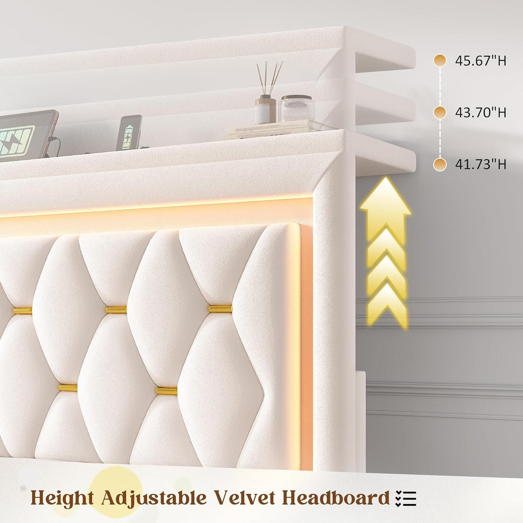 King Size Bed Frame with 4 Storage Drawers & LED Lights, Velvet Bed Frame with Charging Station, Wooden Slats, No Box Spring Needed, Beige