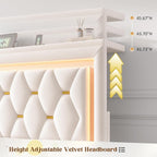 King Size Bed Frame with 4 Storage Drawers & LED Lights, Velvet Bed Frame with Charging Station, Wooden Slats, No Box Spring Needed, Beige