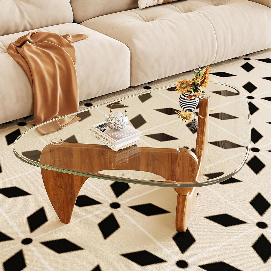 Coffee Table for Living Room Mid Century Modern Center Table with Glass Top and Wood, Transparent/Walnut