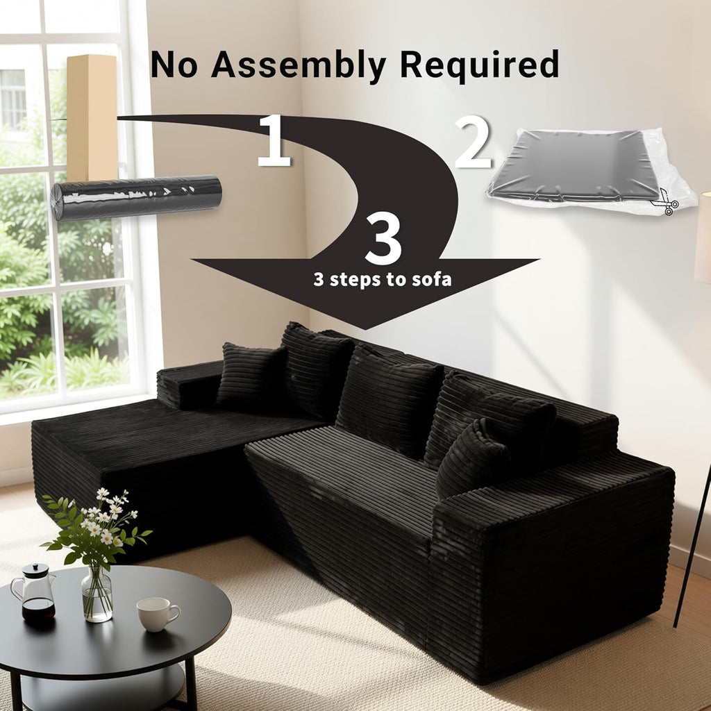 Claiks 110" Boneless Couch, Cloud Couch Sectional, L-Shape Corduroy Modular Sectional Sofa Deep Seat, Upholstered Couches for Living Room, No Assembly Required, Black, Left Facing Chaise