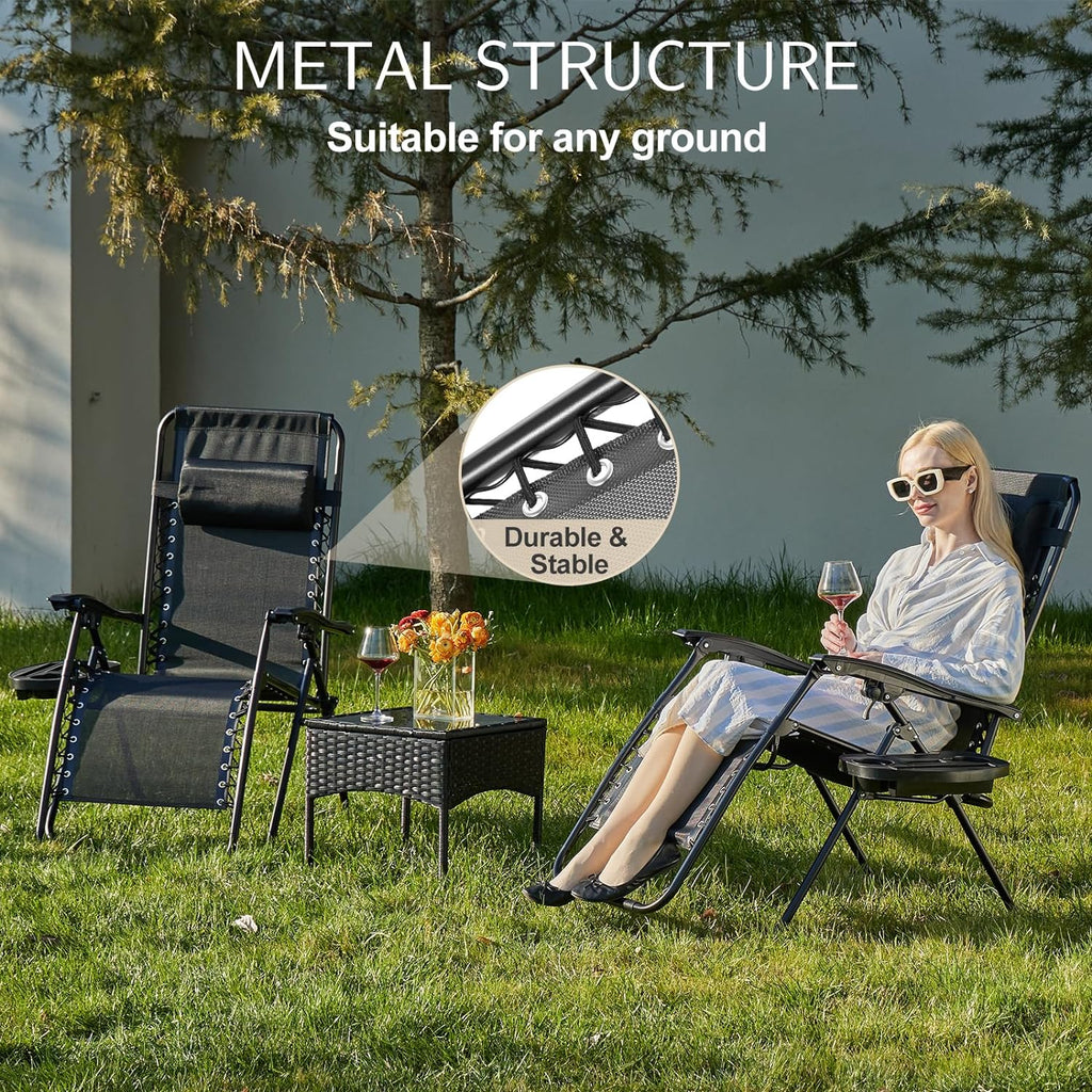Sweetcrispy Zero Gravity Chairs, Set of 4 Portable Recliner Beach Camping Patio Outdoor Folding Lounge Chair with Cup Holder Trays and Adjustable Pillow for Poolside, Garden, Backyard, Lawn (Black)
