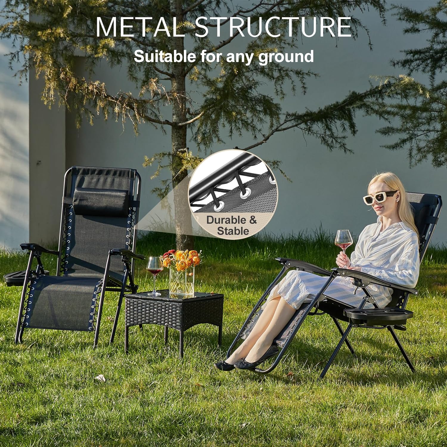 Sweetcrispy Zero Gravity Chairs, Set of 4 Portable Recliner Beach Camping Patio Outdoor Folding Lounge Chair with Cup Holder Trays and Adjustable Pillow for Poolside, Garden, Backyard, Lawn (Black)