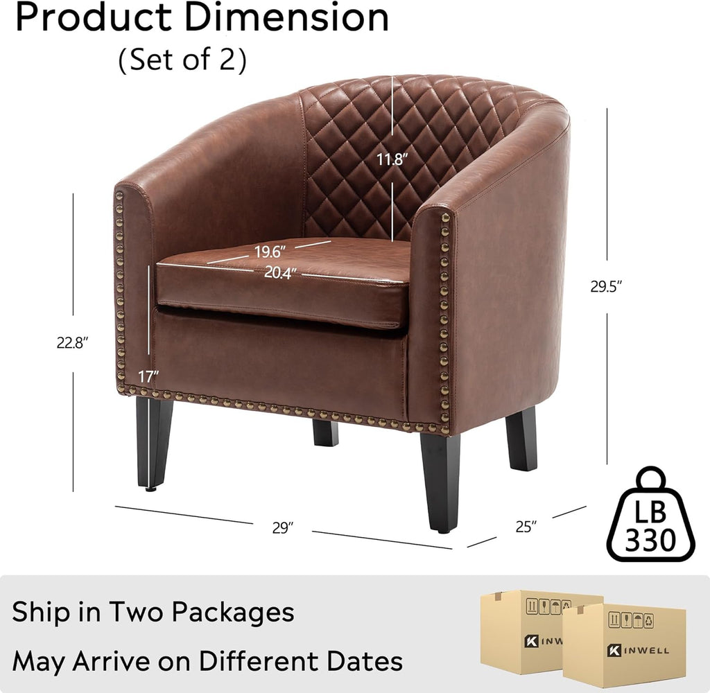 KINWELL 29" W Faux Leather Barrel Chairs Set of 2, Modern PU Upholstered Tufted Club Chairs with Nailhead Trim, Small Armchairs Accent Chairs for Living Room Bedroom Apartment Lounge Nursery, Brown