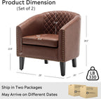 KINWELL 29" W Faux Leather Barrel Chairs Set of 2, Modern PU Upholstered Tufted Club Chairs with Nailhead Trim, Small Armchairs Accent Chairs for Living Room Bedroom Apartment Lounge Nursery, Brown