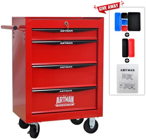 Rolling Metal Tool Chest with 4 Drawers, 20" 4-Drawer Tool Chest Cabinet with Ball Bearing Drawer Slides, Steel Tool Storage Box Organizer -Red