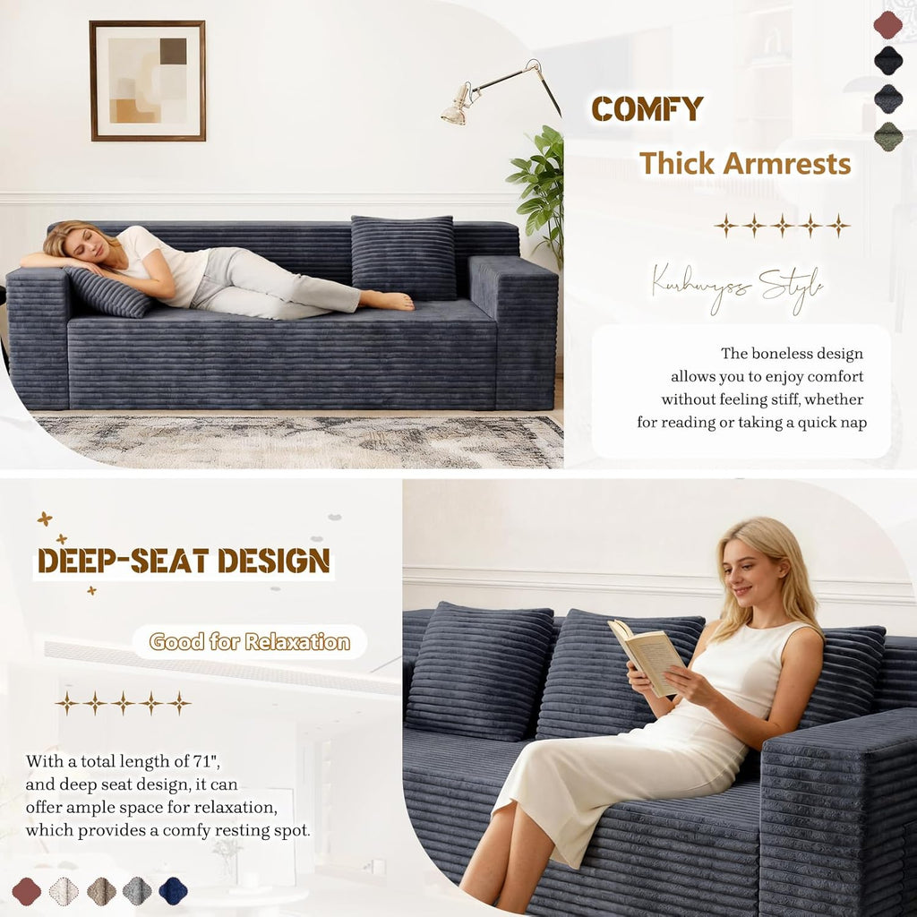 71" Corduroy Living Room Sofa, 3 Setaser Deep Seat Couch with 3 Lumbar Pillows, Comfy Boneless Sofa Modern Compressed Couch for Bedroom, Office, Apartment, No Assembly, Flat Armrests (Dark Grey)