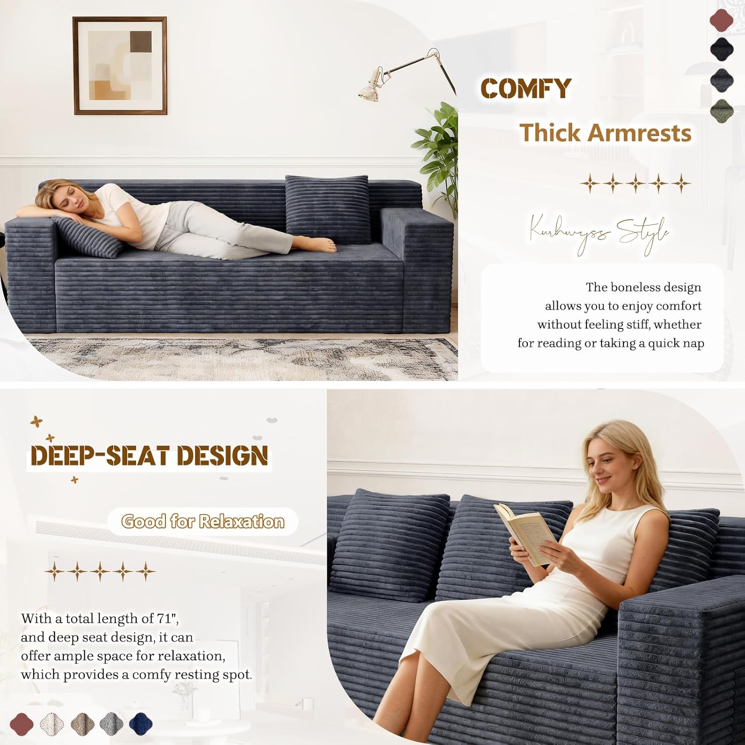 71" Corduroy Living Room Sofa, 3 Setaser Deep Seat Couch with 3 Lumbar Pillows, Comfy Boneless Sofa Modern Compressed Couch for Bedroom, Office, Apartment, No Assembly, Flat Armrests (Dark Grey)