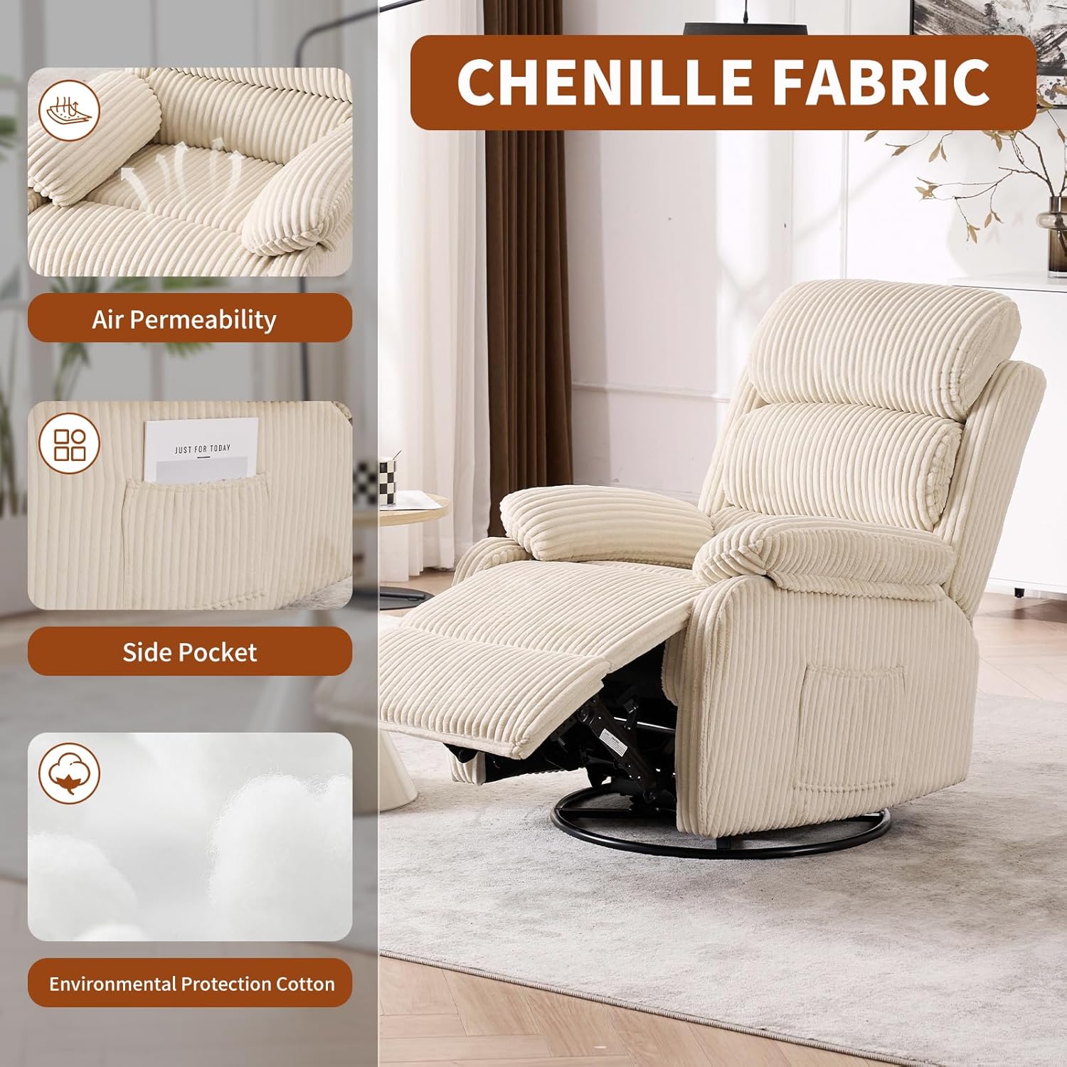 Adult 360° Rocking Recliner Chair .Nursery Rocker Reclining Chair with Side Pocket, a Comfy upholstered Single Sofa Armchair. Suitable for Living Room, Bedroom Nursing use, Velvet Fabric in Beige