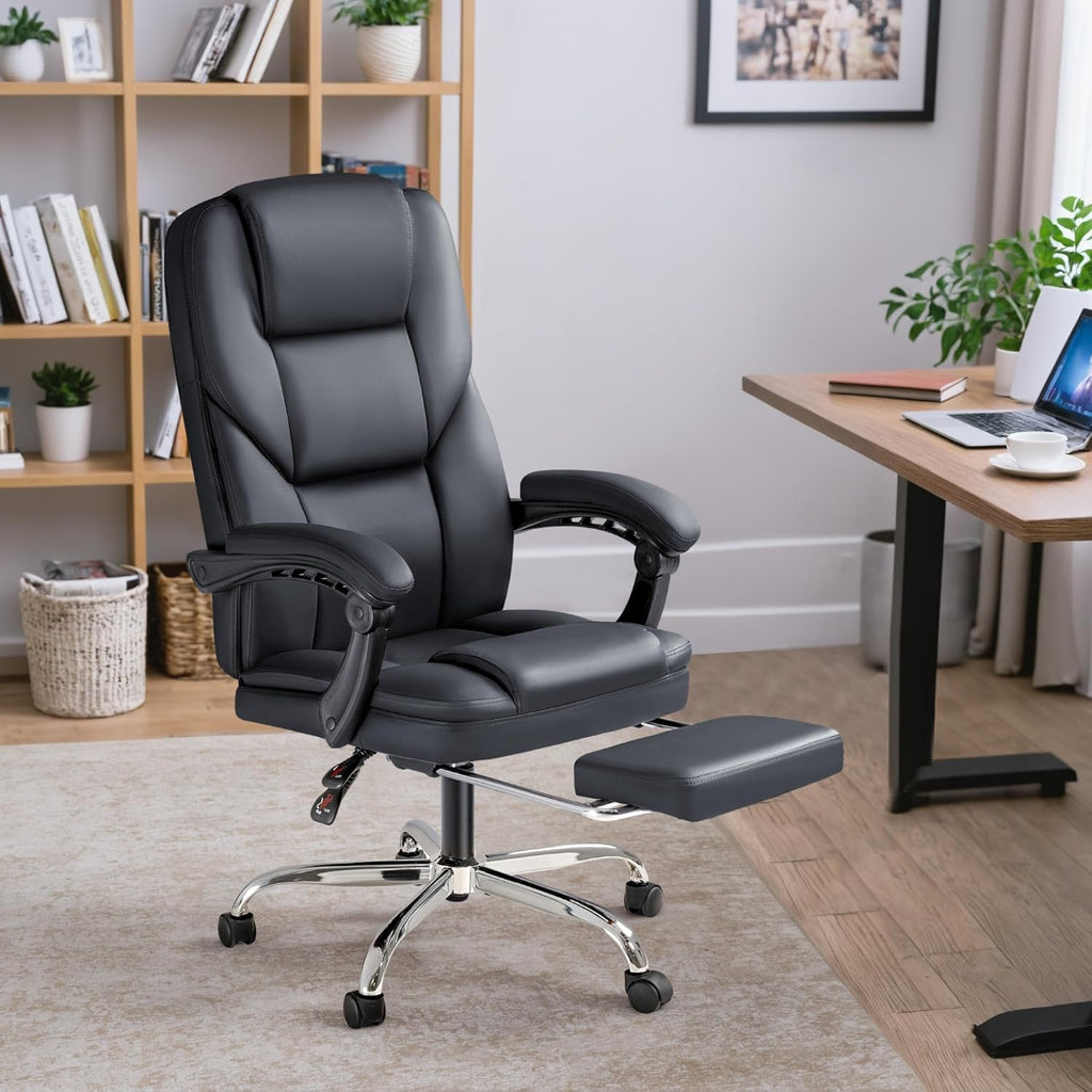 Furmax Executive Office Chair with Foot Rest Big and Tall Office Chair Ergonomic Home Office Desk Chairs Reclining High Back Leather Chair with Lumbar Support, 400LBS (Black)