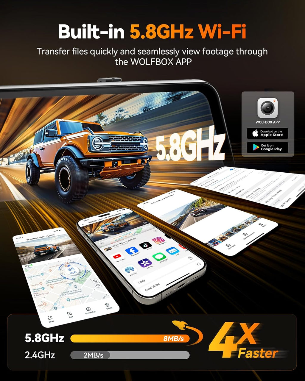 WOLFBOX G900 Tripro Cabin Version 3 Channel 4K Rear View Mirror Camera 8MP STARVIS IMX678 Night Vision 4K+1080P+2.5K Front Inside and Rear Mirror Dash Cam 5.8GHz WiFi Voice Control Includes 256GB Card